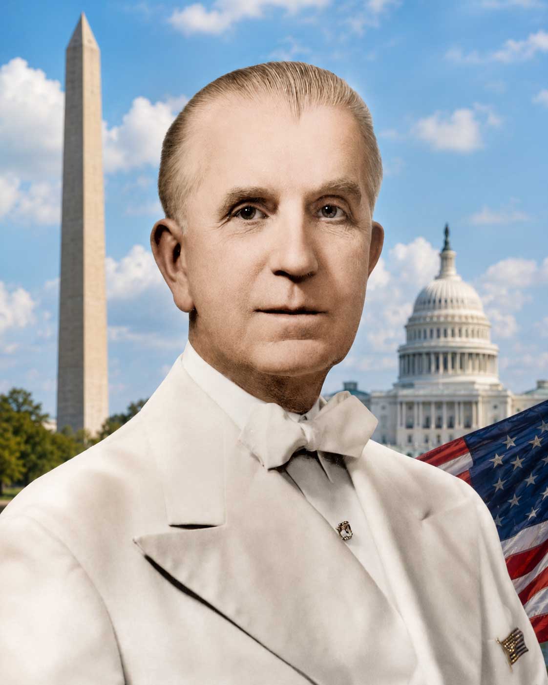 An image of George Washington, the Washington Monument, or a patriotic Washington, D.C. scene with golden light, blue sky, and a dignified spiritual atmosphere.