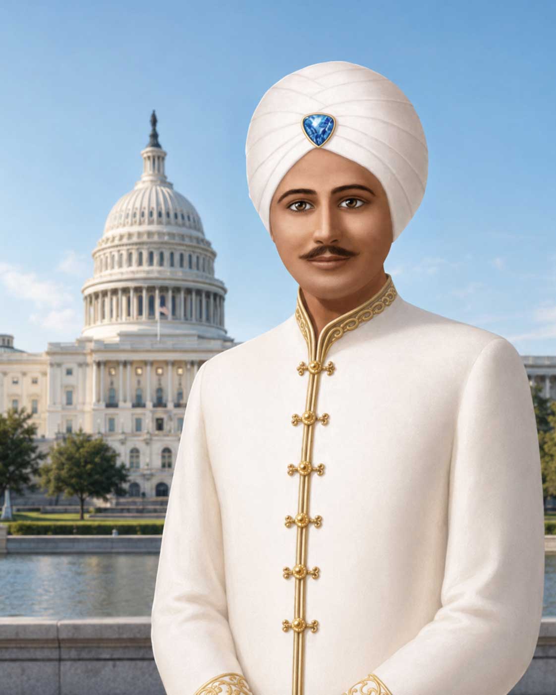 A spiritual image of Chananda in white and gold robes, with a dignified Indian master presence, soft blue and gold light, and a peaceful Washington, D.C. or Darjeeling-inspired background.