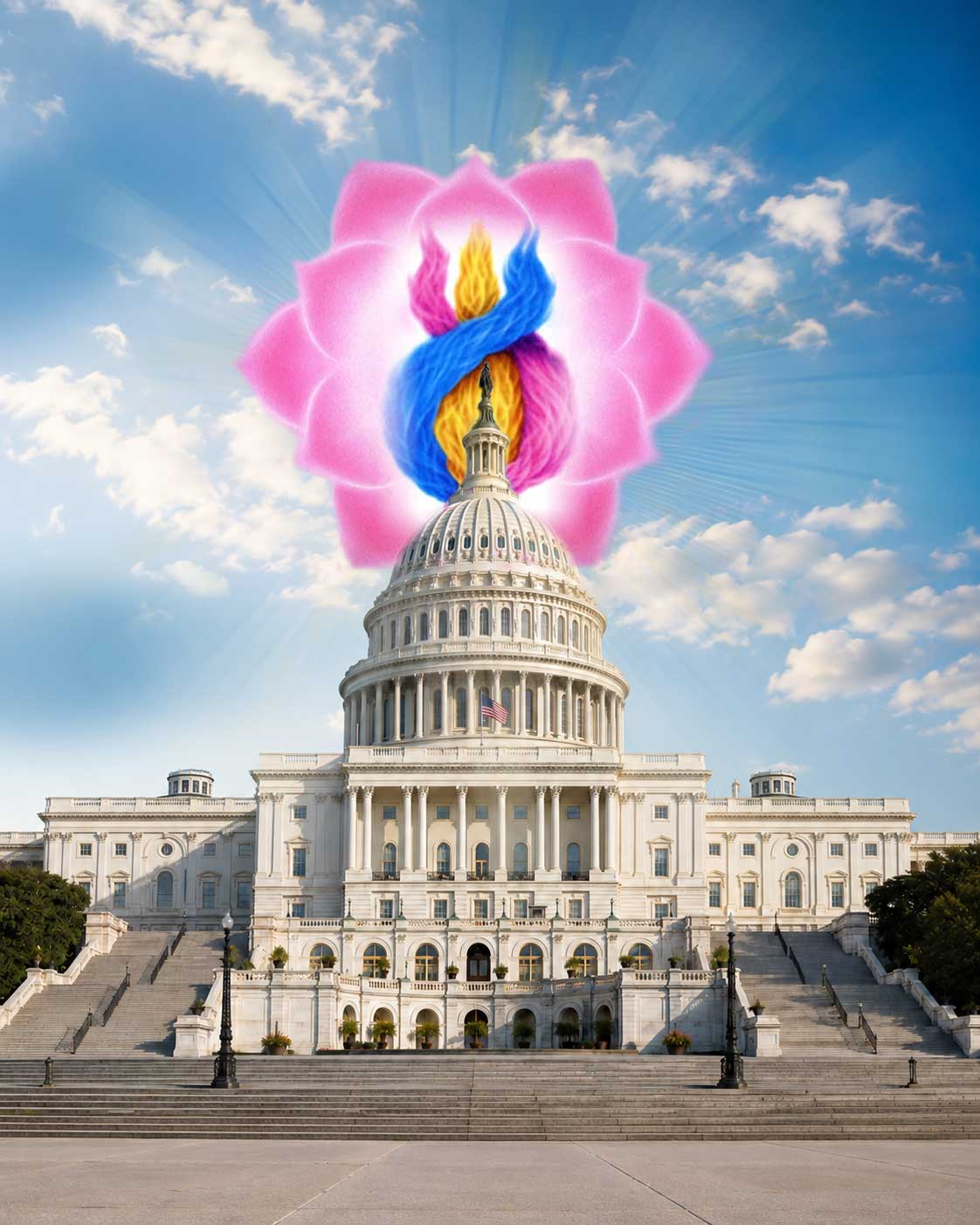 United States Capitol Building with American flag representing the Statue of Freedom and Saint Germain’s flame of freedom in the heart of America.