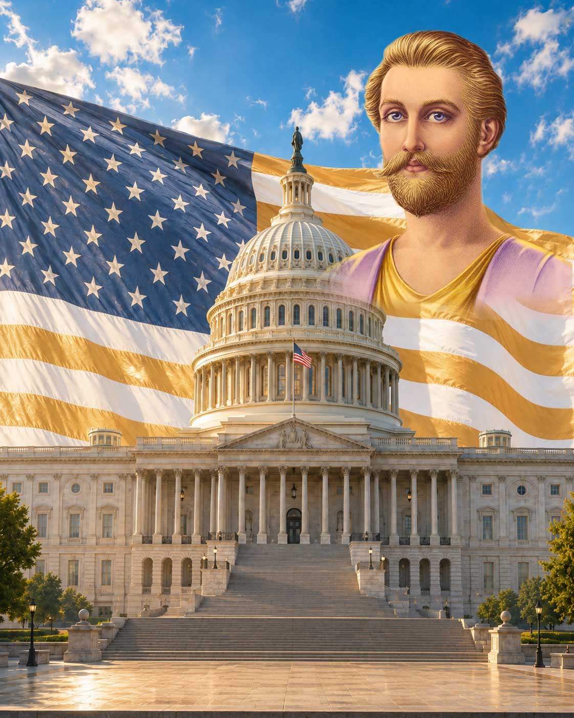 A dignified patriotic or spiritual image representing service, freedom, Saint Germain and Washington, D.C. This could include the U.S. Capitol, an American flag, a soft golden light, or a symbolic image of service and protection.