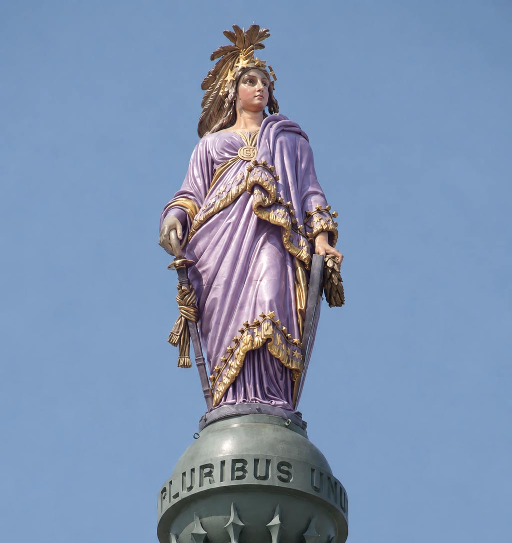 A symbolic image of the Goddess of Freedom, a luminous feminine figure, or the Statue of Freedom above the U.S. Capitol with golden light, blue sky, and a spiritual atmosphere.