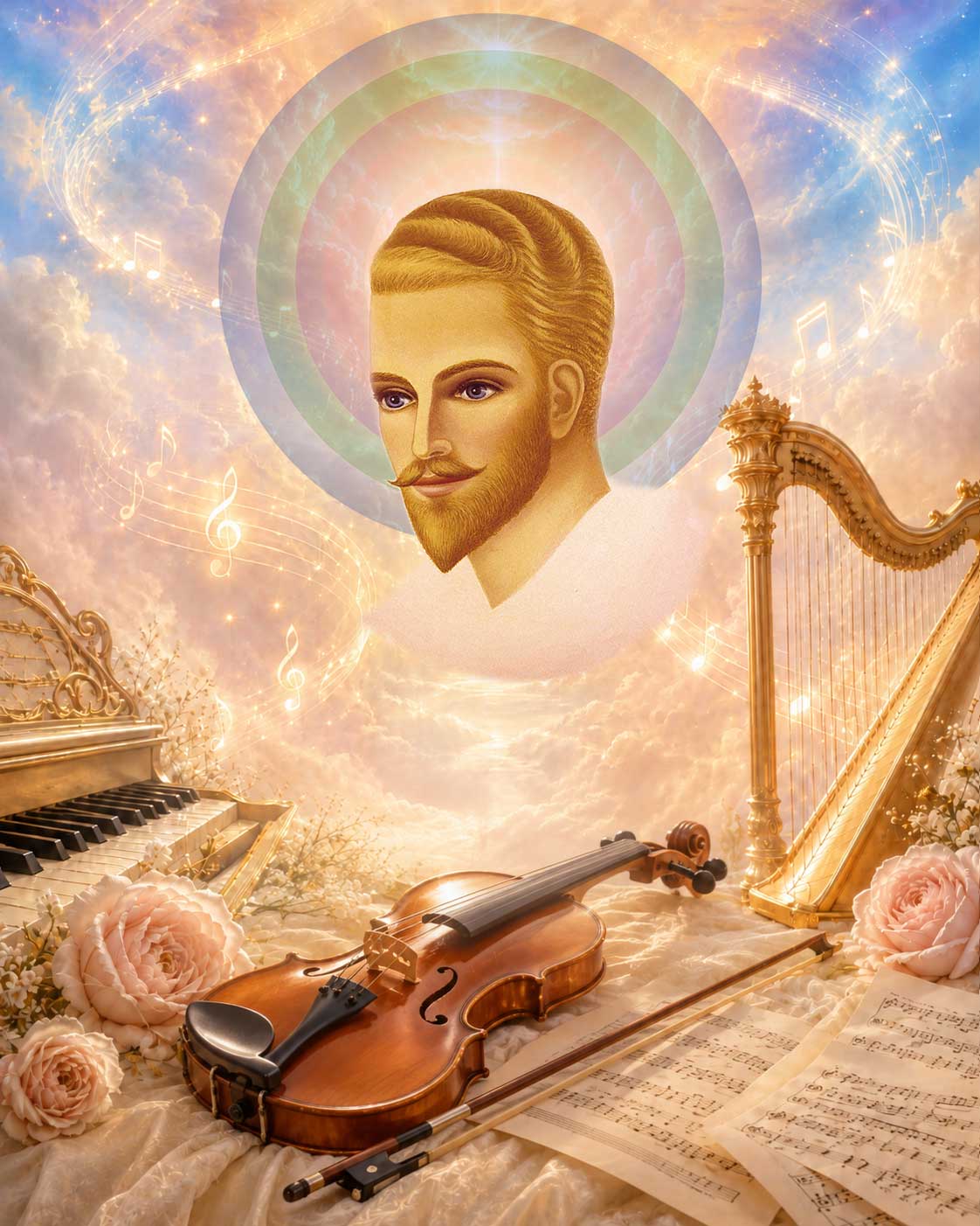 Sacred music and open book representing the keynotes of the Ascended Masters and spiritual attunement through the Teachings.
