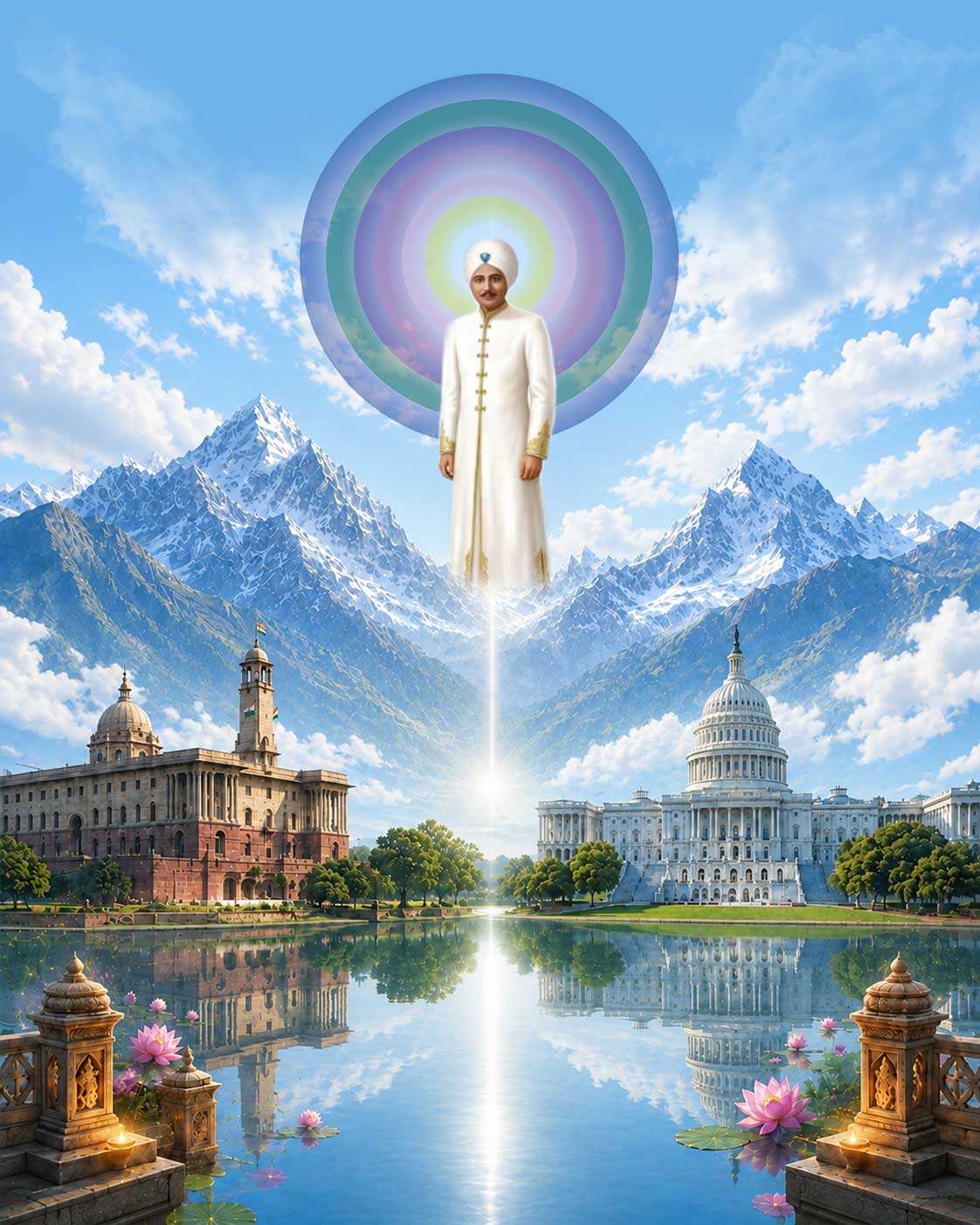 America and India connected by golden spiritual light representing ancient roots, twin flame nations, and eternal destiny.